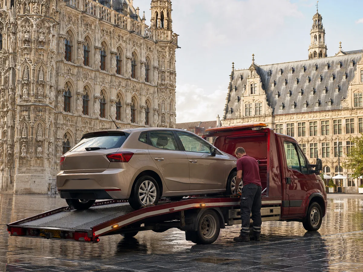 Auto wordt in Leuven op een oprijwagen geladen voor gratis ophaling, met de binnenstad op de achtergrond