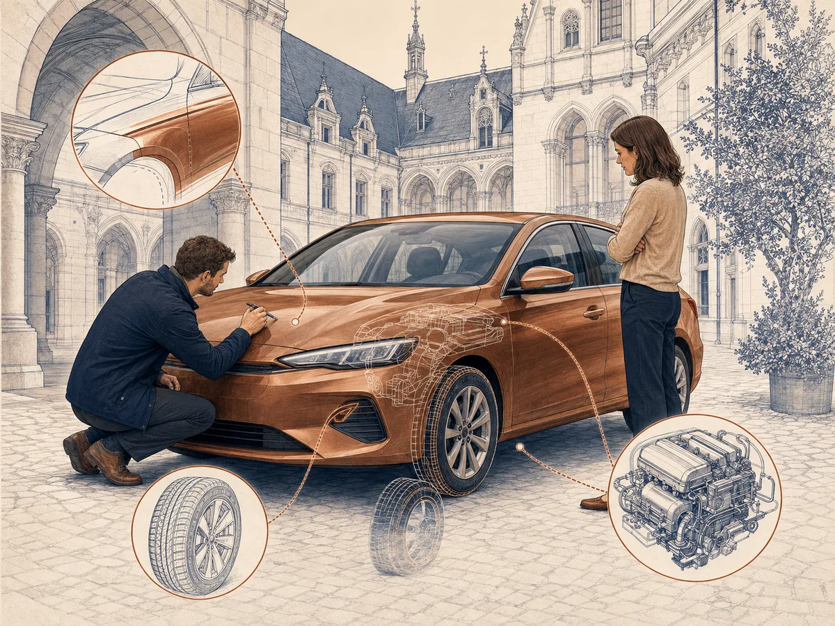 Sleuteloverdracht tussen verkoper en auto opkoper in Leuven na een vrijblijvend bod, met het stadhuis op de achtergrond